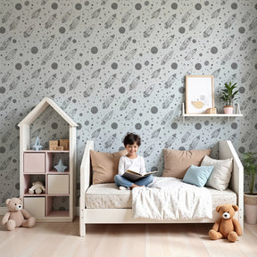 Space rocket mural wallpaper with planets creating dreamy nursery atmosphere by Kids-Mundo