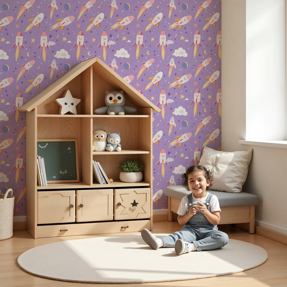 Space rocket mural wallpaper with purple background in modern kids nursery by Kids-Mundo