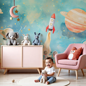 Watercolor space rocket mural wallpaper in modern nursery with blue cosmic design by Kids-Mundo