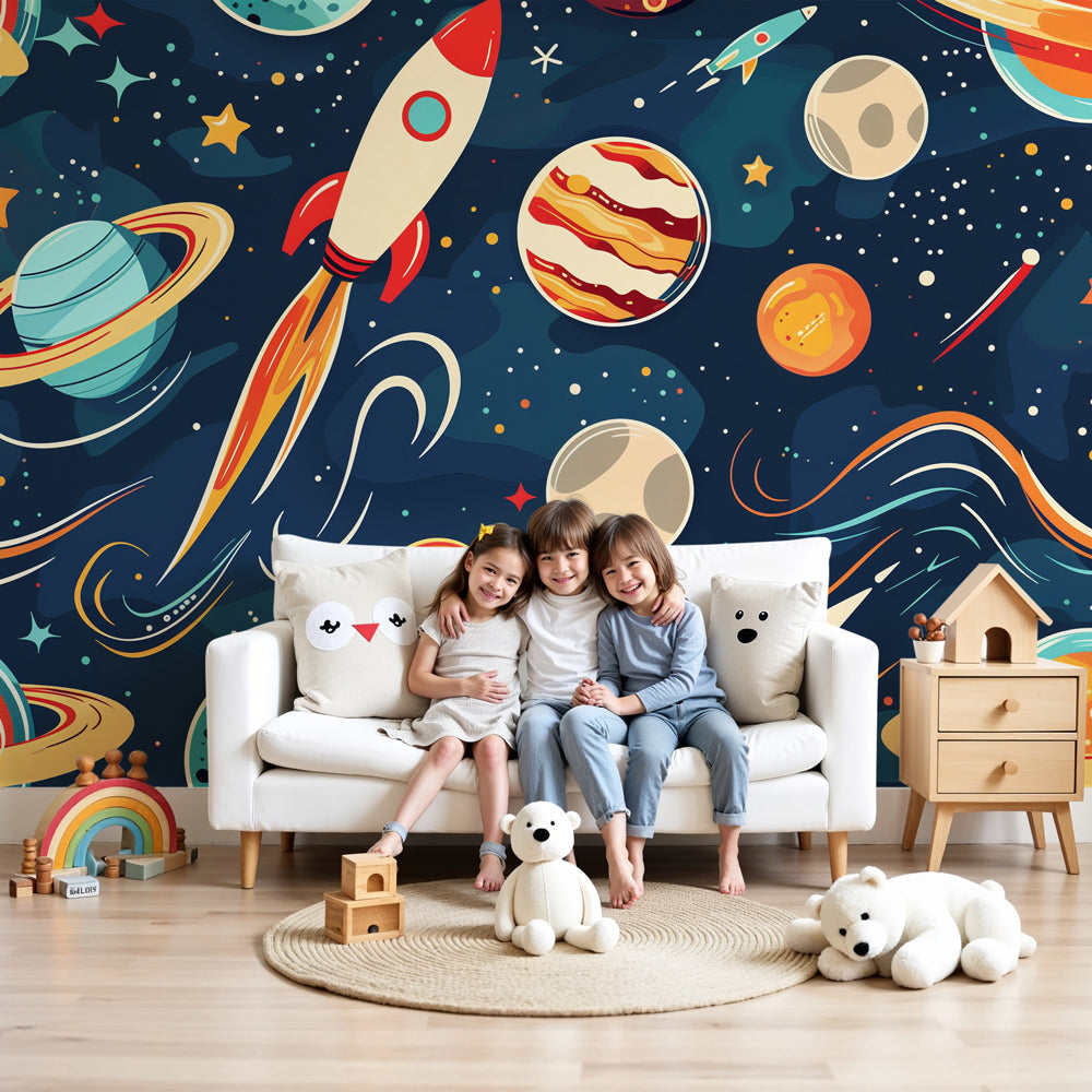 Space rocket mural wallpaper with planets decorating modern blue nursery by Kids-Mundo