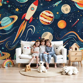 Space rocket mural wallpaper with planets decorating modern blue nursery by Kids-Mundo