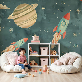 Space rocket mural wallpaper with retro planets in modern nursery by Kids-Mundo