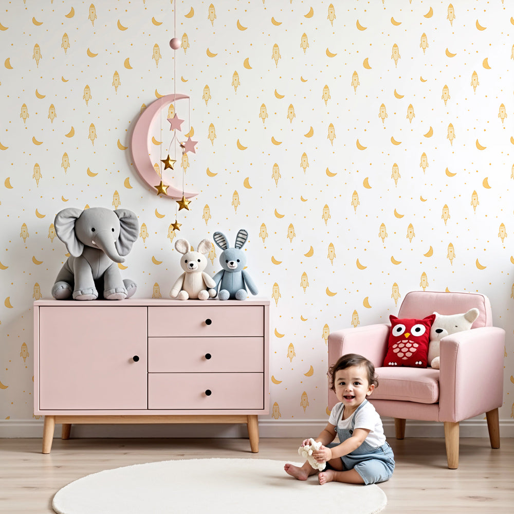 Space rocket mural wallpaper with golden moons in modern nursery by Kids-Mundo
