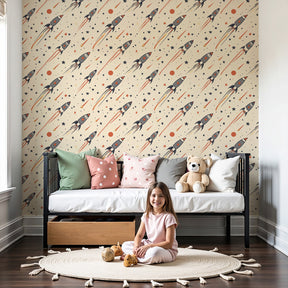 Space rocket mural wallpaper with stars on beige in modern nursery by Kids-Mundo