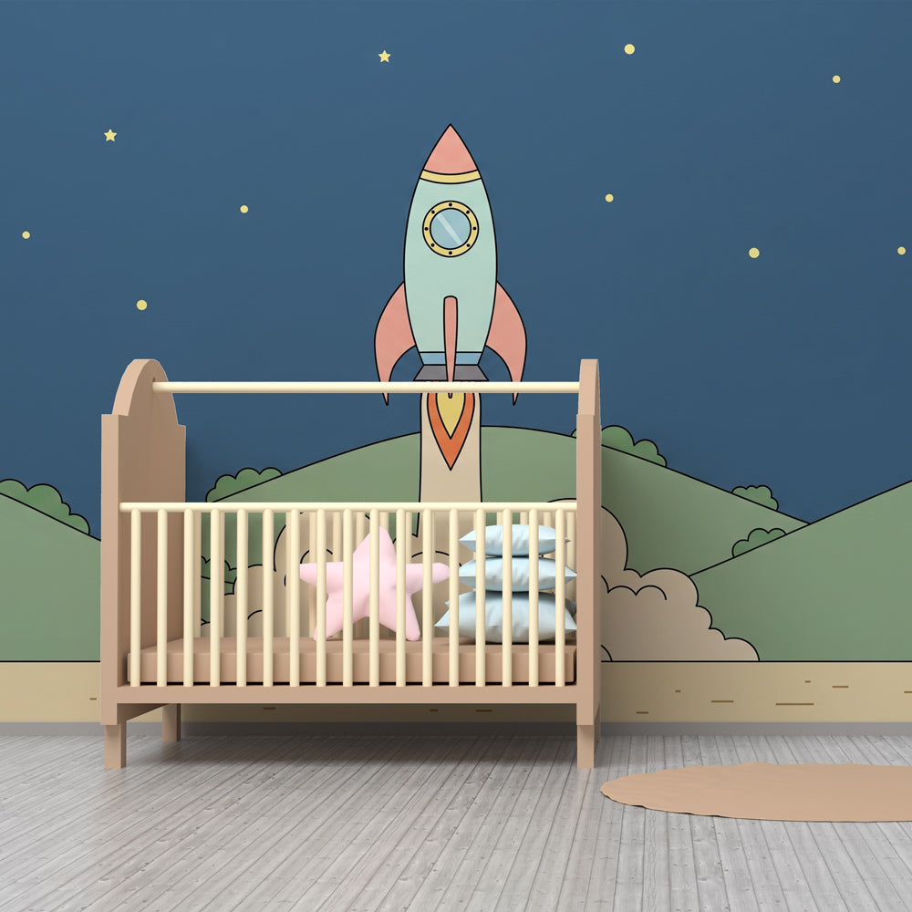 Colorful rocket wallpaper with starry sky design transforming nursery into space adventure zone
