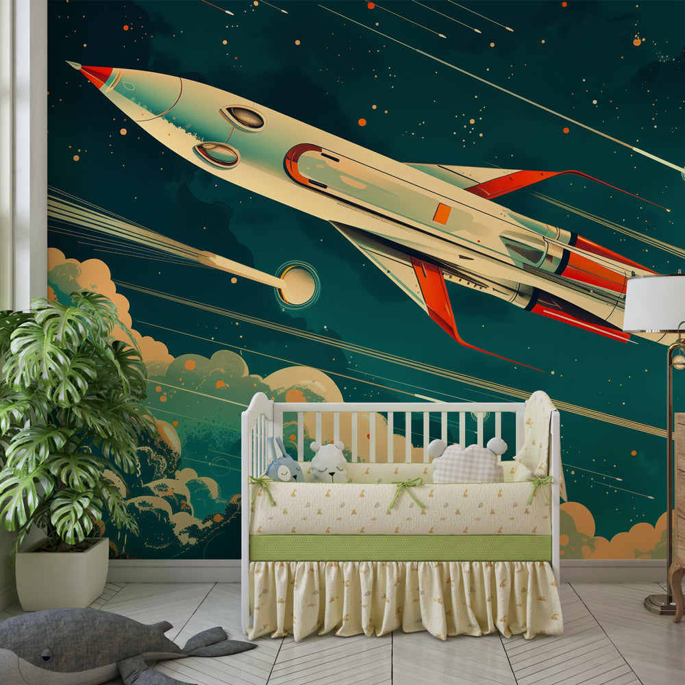 Futuristic galaxy wallpaper with rocket and moon design for inspiring nursery decor by Kids-Mundo
