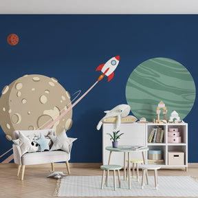 Intergalactic adventure mural wallpaper creating cosmic nursery decor with blue tones