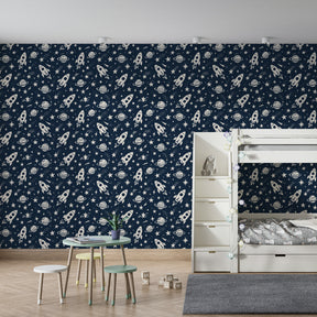 Night sky rocket wallpaper creating cosmic nursery decor with blue background