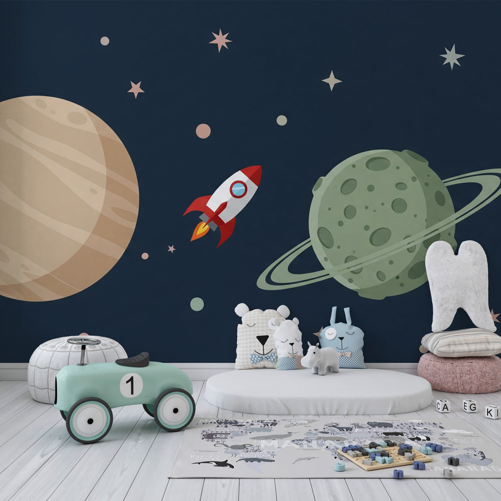 Galaxy themed mural wallpaper with planets and stars decorating peaceful nursery room