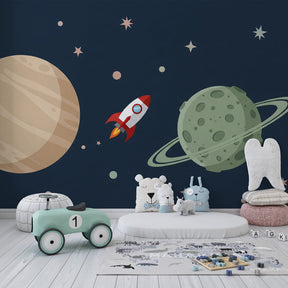 Galaxy themed mural wallpaper with planets and stars decorating peaceful nursery room