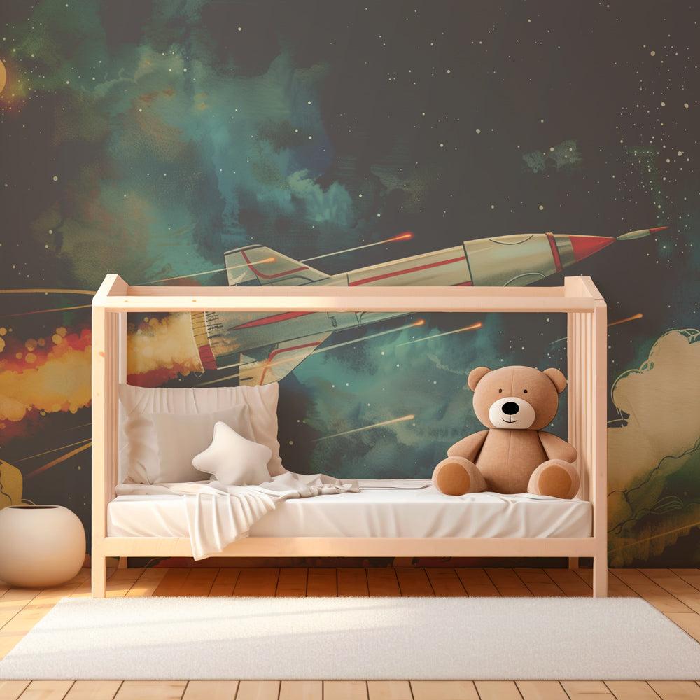 Retro-futuristic rocket wallpaper creating cosmic nursery atmosphere with blue and gold tones