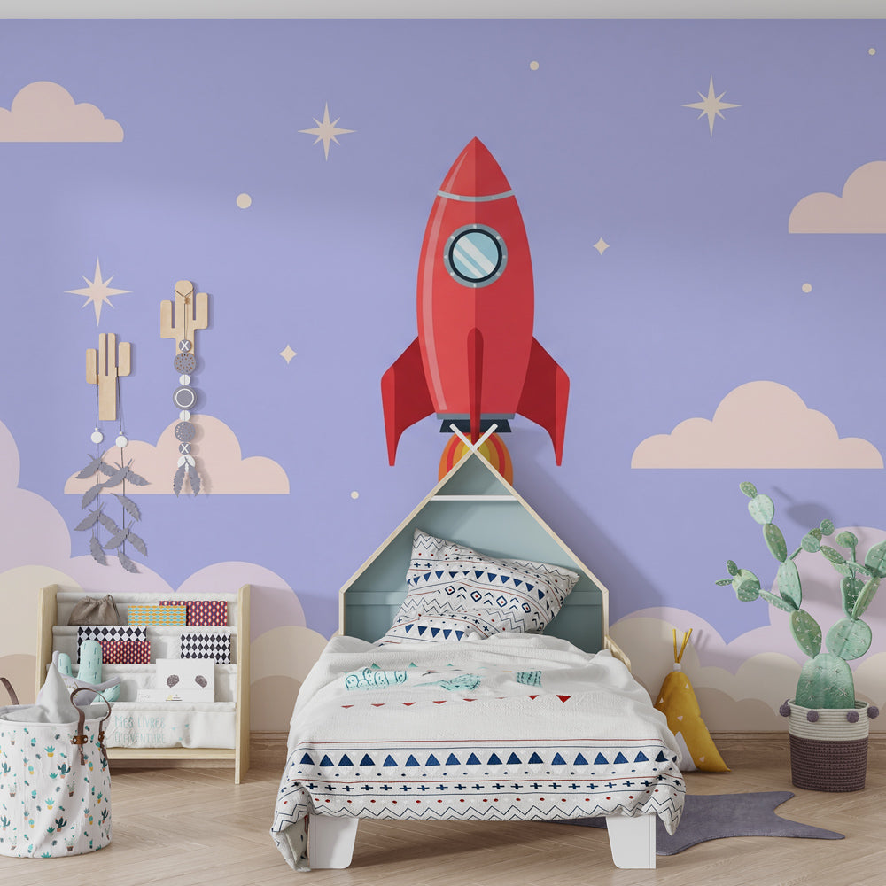 Colorful rocket wallpaper creating dreamy space theme in children's nursery decor