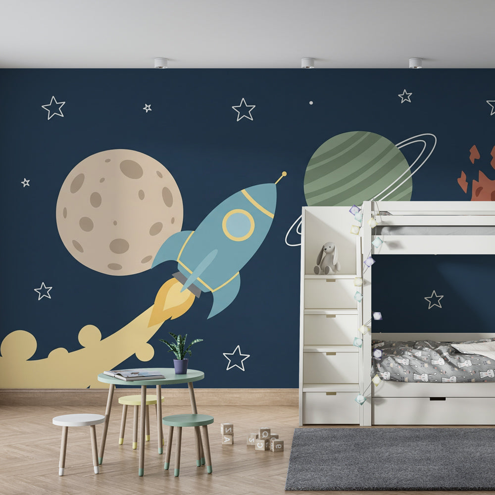 Cosmic space wallpaper creating galactic nursery theme with rocket and stars
