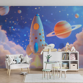 Galaxy themed mural wallpaper with rocket and planets for inspiring nursery space decor