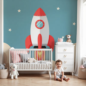Space rocket mural wallpaper creating cosmic adventure atmosphere in modern kids nursery by Kids-Mundo
