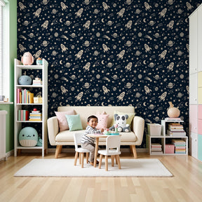 Space rocket mural wallpaper in modern nursery with navy night sky theme by Kids-Mundo
