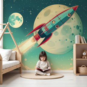 Space rocket mural wallpaper creating magical nursery decor with moon and stars by Kids-Mundo