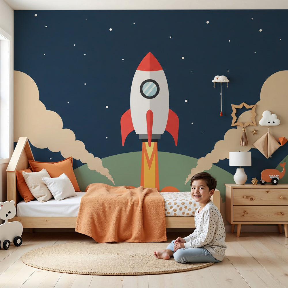 Space rocket mural wallpaper creating cosmic adventure atmosphere in modern kids nursery by Kids-Mundo