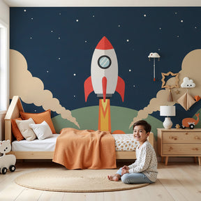 Space rocket mural wallpaper creating cosmic adventure atmosphere in modern kids nursery by Kids-Mundo
