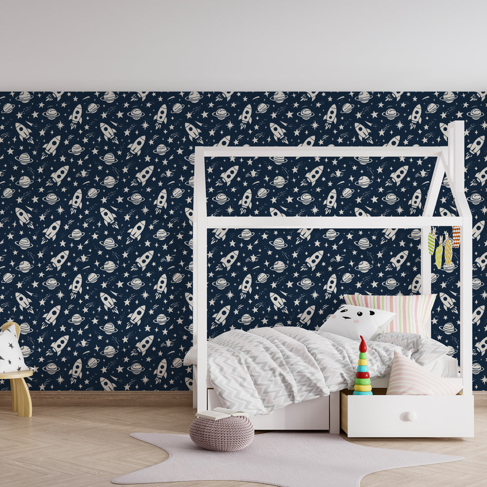 Children's space themed mural wallpaper in colorful playroom setting