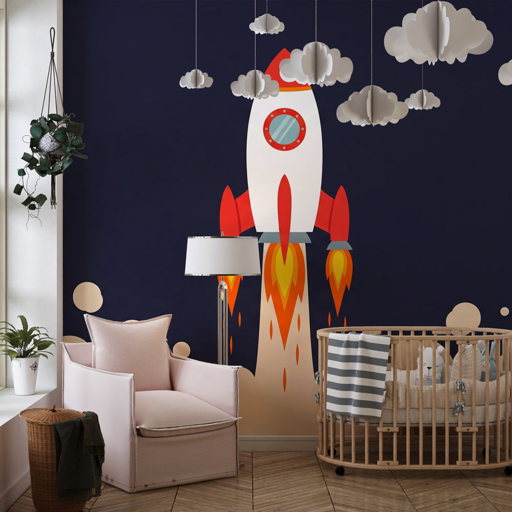 Kids space rocket wallpaper transforming playroom into cosmic adventure center by Kids-Mundo