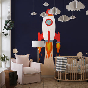 Kids space rocket wallpaper transforming playroom into cosmic adventure center by Kids-Mundo