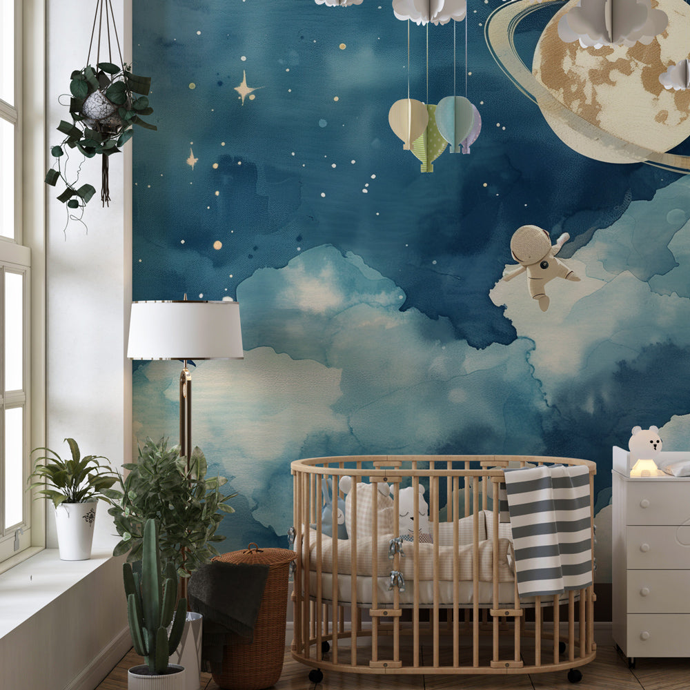 Kids playroom featuring space rocket wallpaper with blue starry sky and astronaut theme