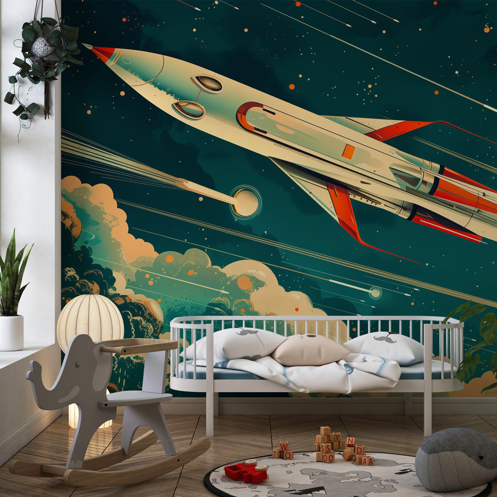 Space adventure mural wallpaper transforming children's playroom into cosmic exploration zone