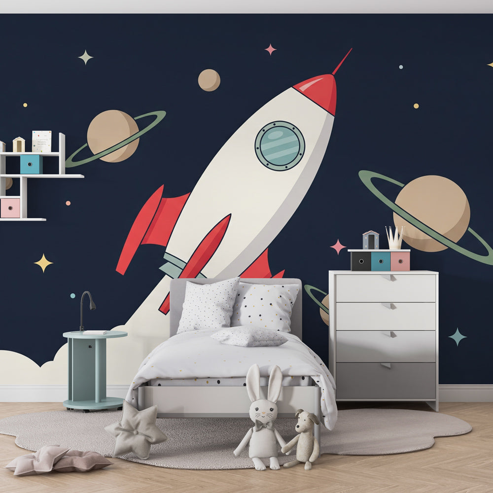 Space adventure mural wallpaper transforming kids playroom into galactic exploration zone