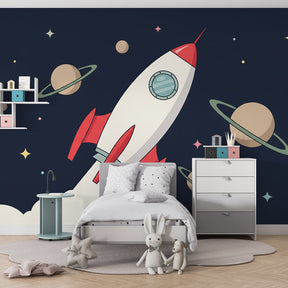 Space adventure mural wallpaper transforming kids playroom into galactic exploration zone
