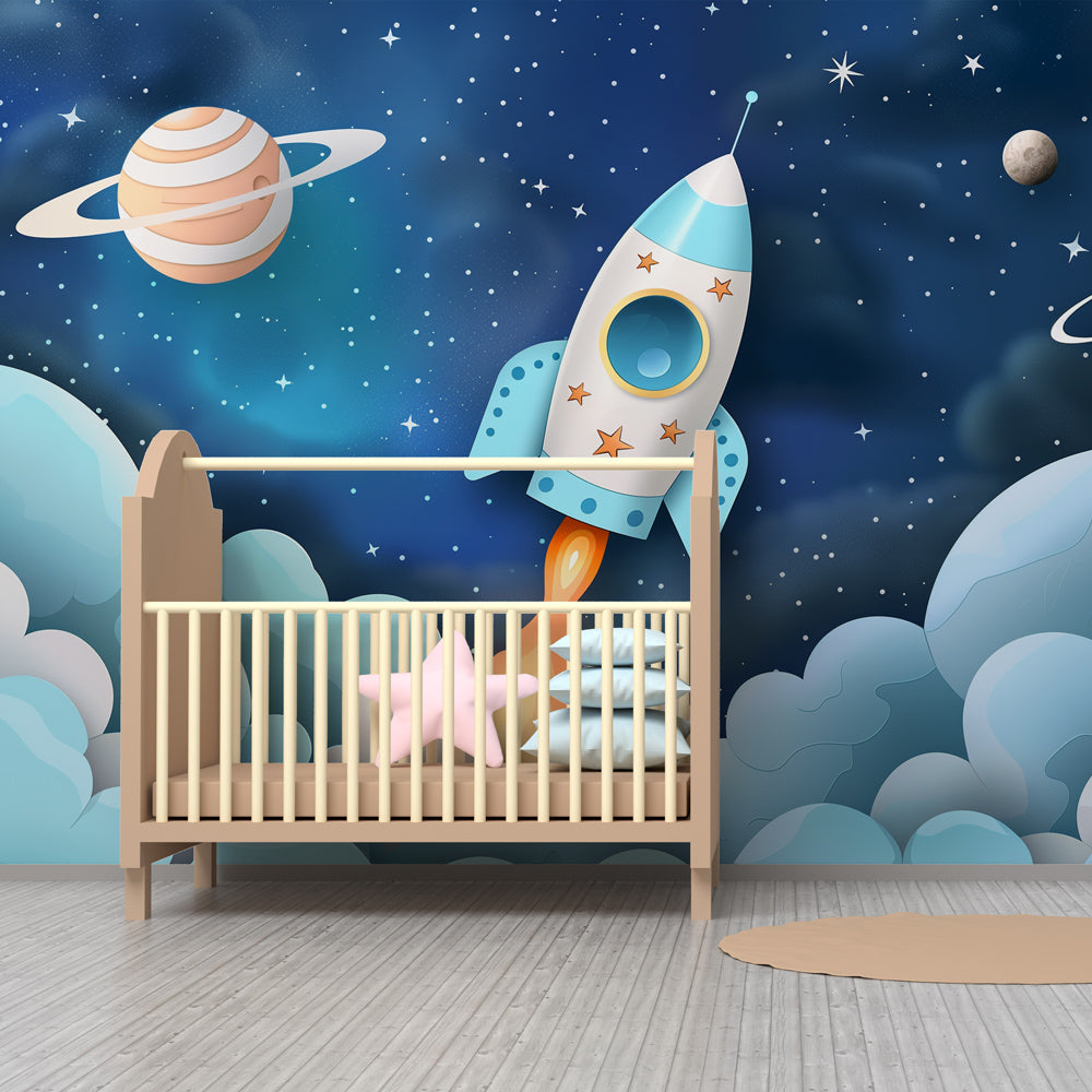 Galaxy rocket ship wallpaper transforming children's playroom into space adventure zone by Kids-Mundo