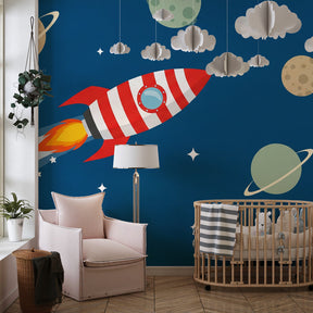 Galaxy themed rocket mural wallpaper inspiring imaginative play in kids playroom setting