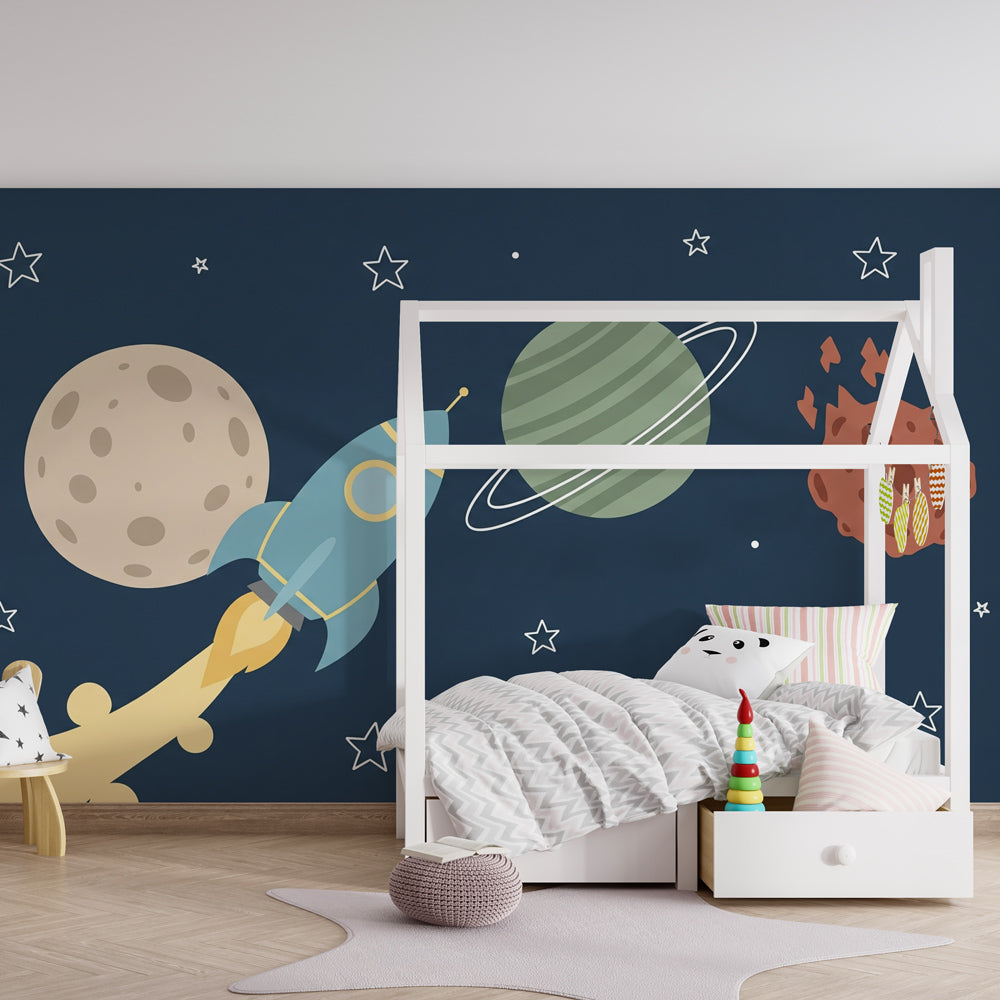 Space adventure mural wallpaper transforming kids playroom into spacecraft