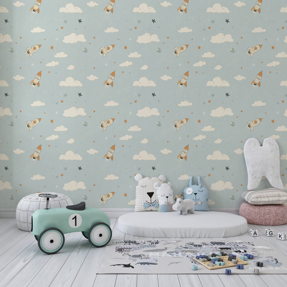 Blue starry sky rocket wallpaper creating inspiring playroom atmosphere for imaginative play