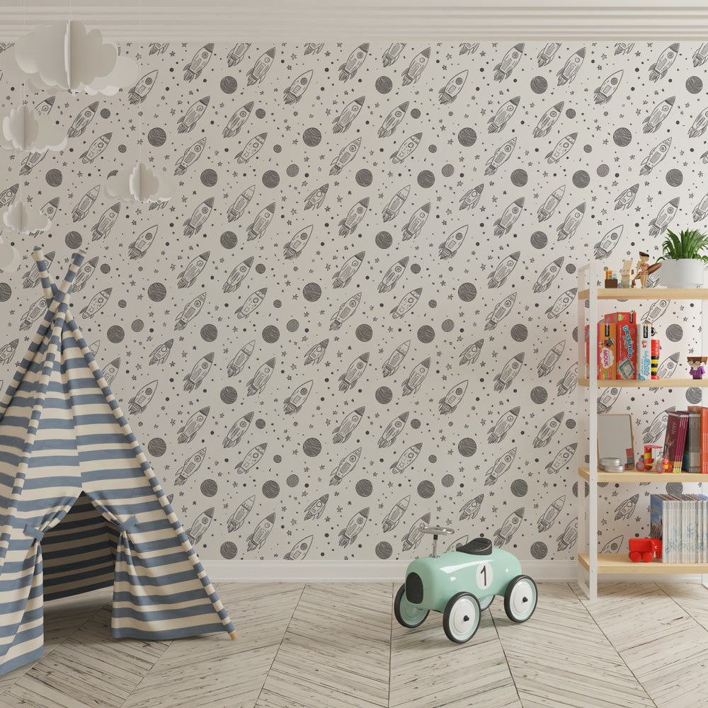 Cosmic rocket mural wallpaper transforming children's playroom into space adventure zone