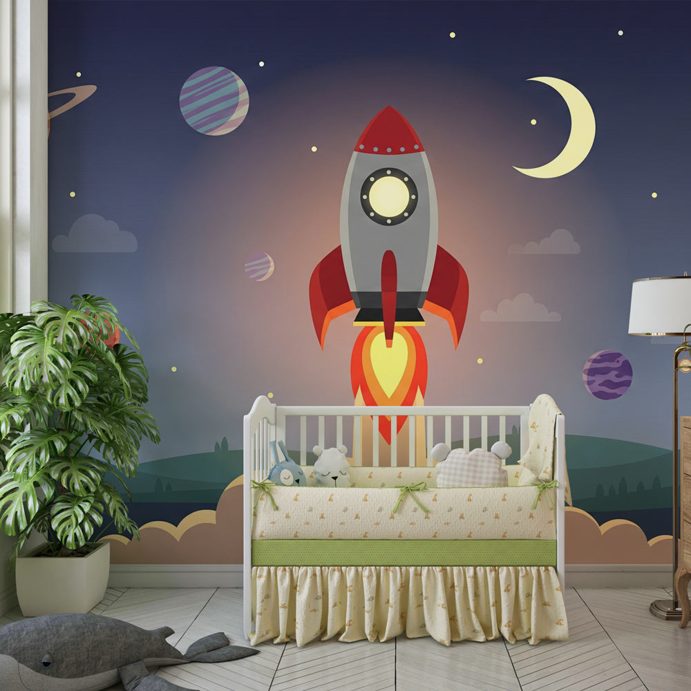 Colorful space themed mural wallpaper transforming children's playroom into cosmic adventure