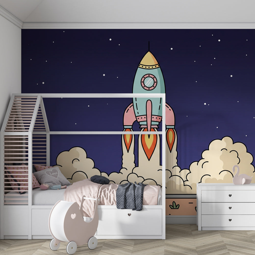 Galaxy themed rocket mural wallpaper inspiring imagination in bright kids playroom setting