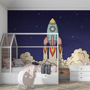Galaxy themed rocket mural wallpaper inspiring imagination in bright kids playroom setting