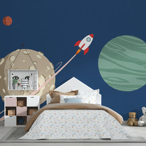 Astronaut themed space wallpaper transforming children's playroom into cosmic adventure