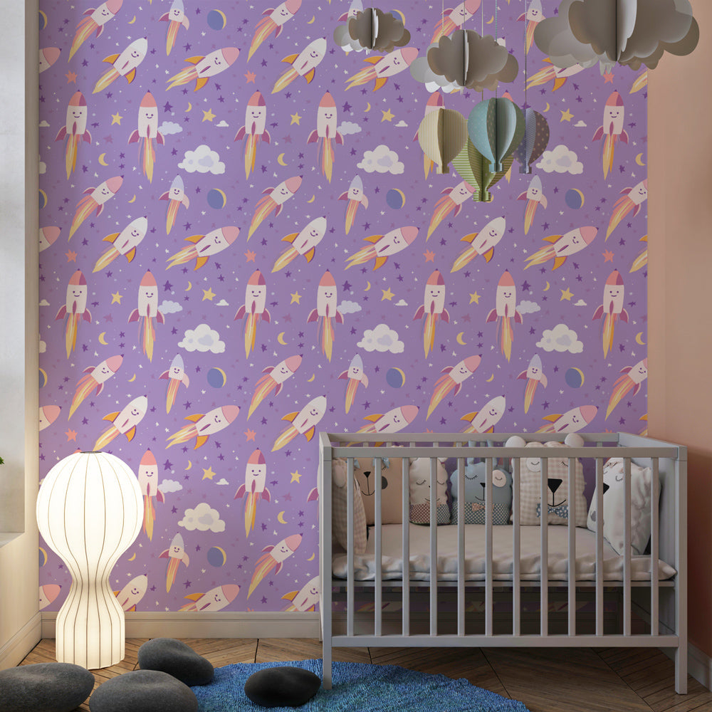 Colorful space rocket wallpaper with smiling faces and clouds for kids playroom by Kids-Mundo