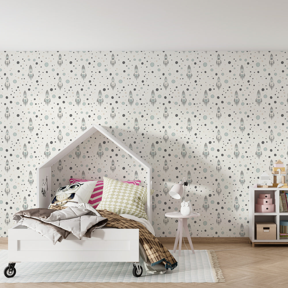 Space-themed mural wallpaper inspiring imaginative play in kids room decor