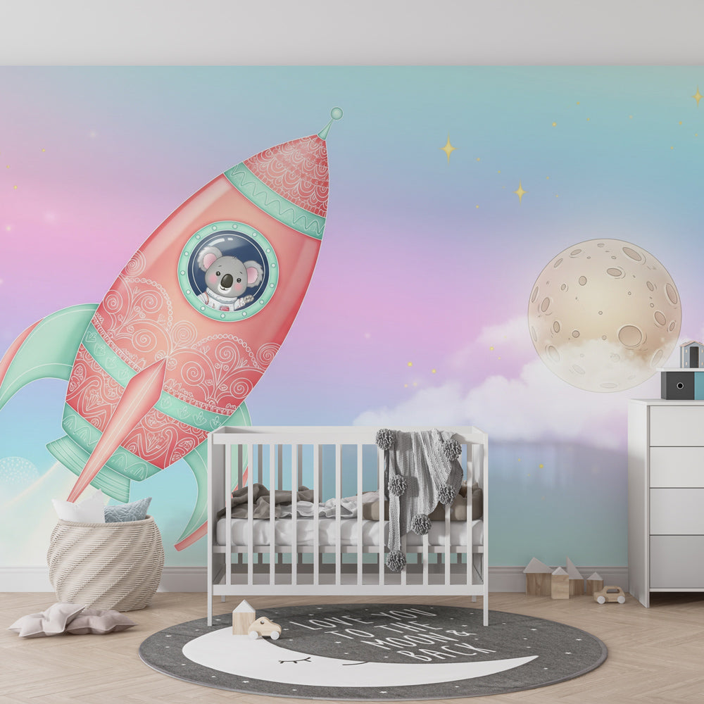 Children's rocket wallpaper featuring koala astronaut in colorful playroom setting