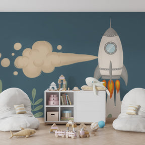 Dynamic space rocket wallpaper with blue cosmic background perfect for children's playroom decor