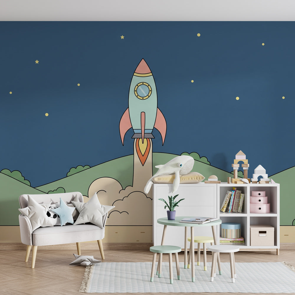 Blue and pink rocket mural wallpaper inspiring imaginative play in children's room setup