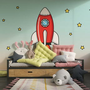 Red rocket and stars mural wallpaper inspiring adventure in children's playroom