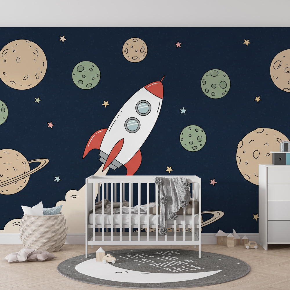 Space-themed mural wallpaper transforming kids playroom into intergalactic adventure zone