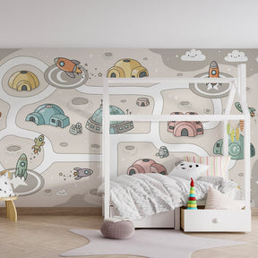 Space-themed mural wallpaper transforming children's playroom into intergalactic adventure zone