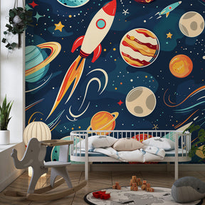 Blue space-themed mural wallpaper with rockets and planets in kids playroom