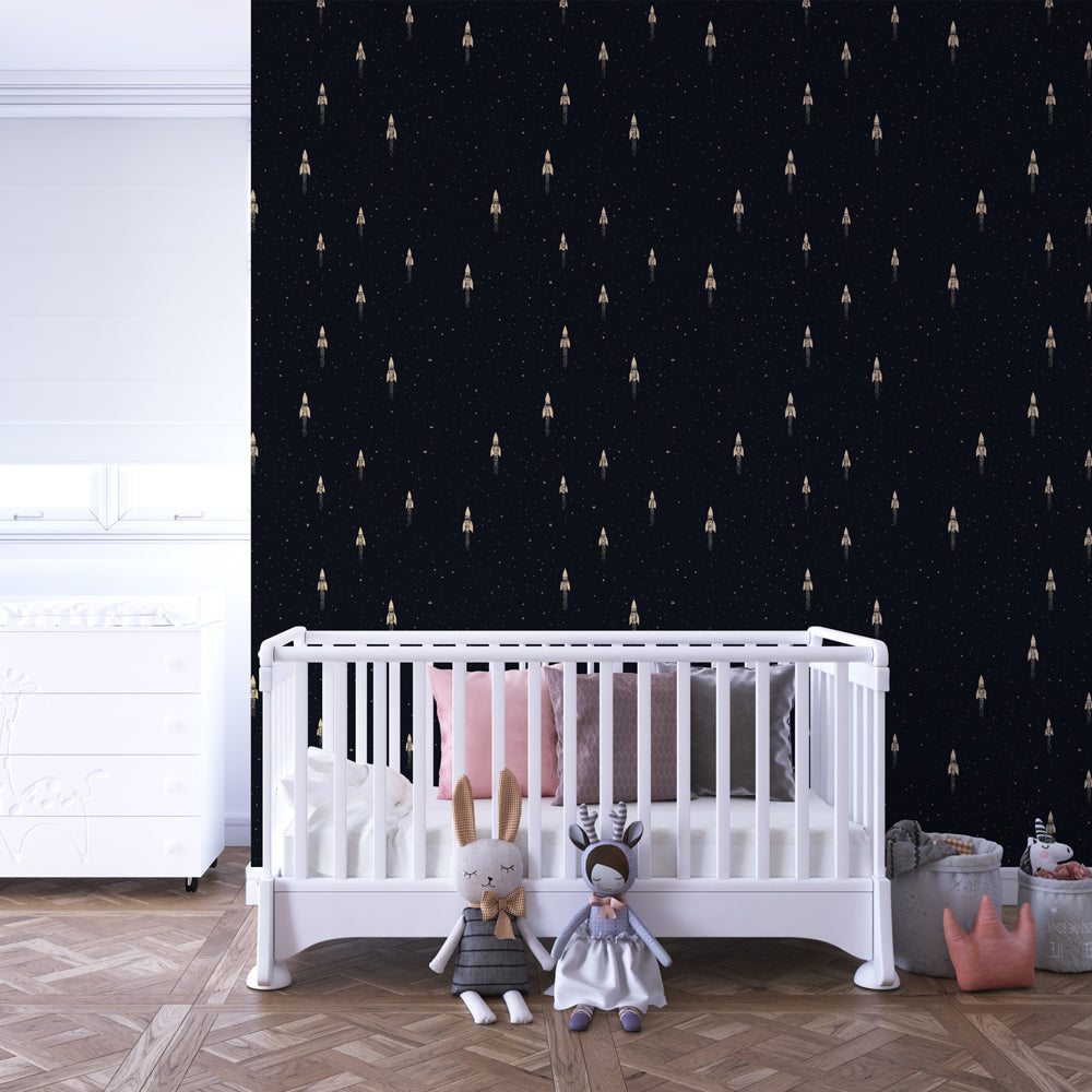 Space adventure mural wallpaper for children's playroom featuring rockets in starry night sky