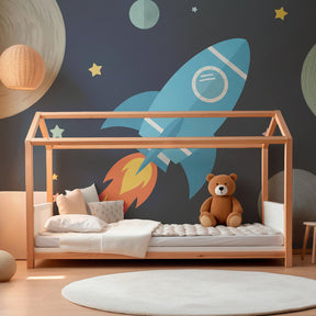 Space adventure wallpaper with colorful rocket creating inspiring playroom atmosphere by Kids-Mundo